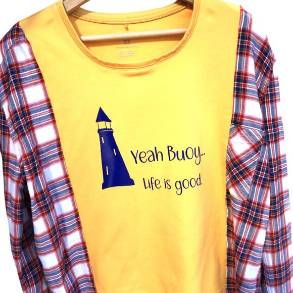 Upcycled Graphic Tee Flannel Sleeves, S-M: Oversized Lighthouse Pullover Shirt - Picture 10 of 10